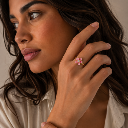 Ocean Blossom Pink Flower Ring with Crystal Center