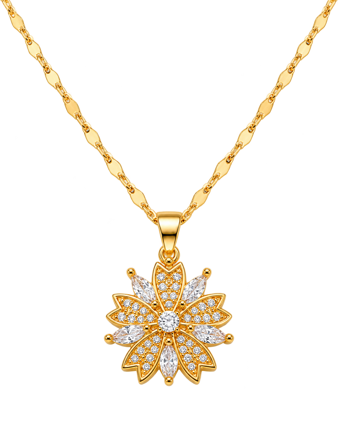 Necklace with rotating zircon flower pendant