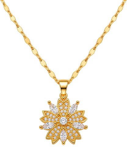 Necklace with rotating zircon flower pendant