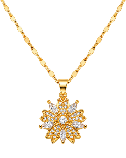 Necklace with rotating zircon flower pendant