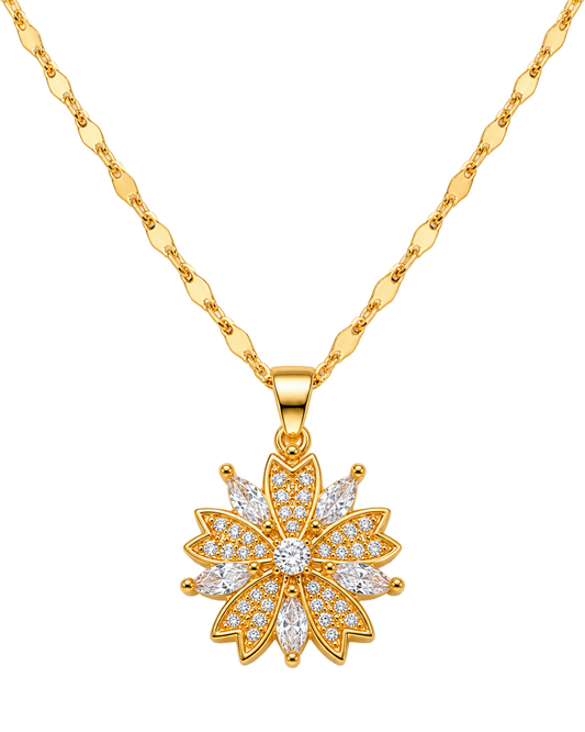 Necklace with rotating zircon flower pendant