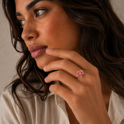 Ocean Blossom Pink Flower Ring with Crystal Center