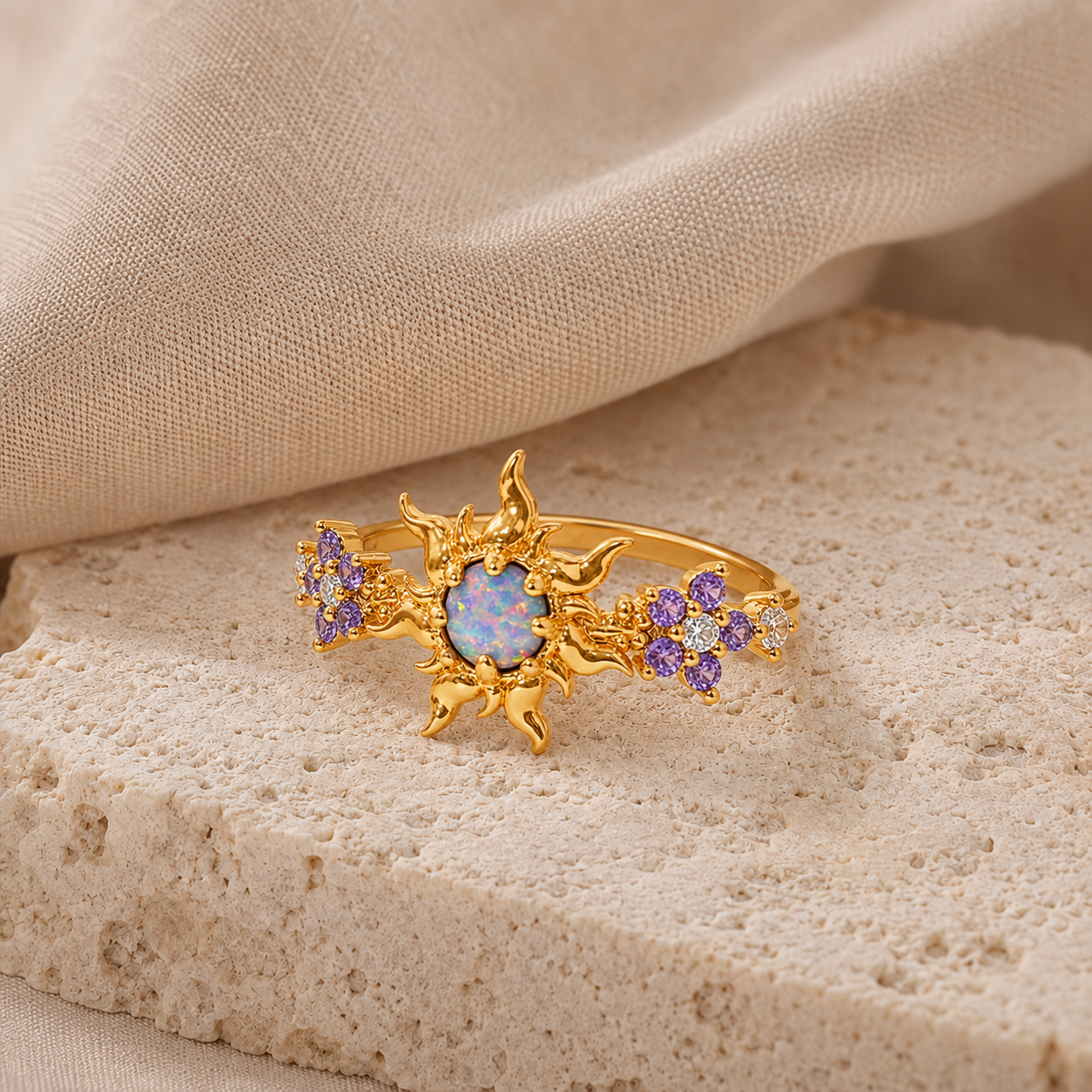 Adjustable Enchanted Sun Ring with Iridescent Stone