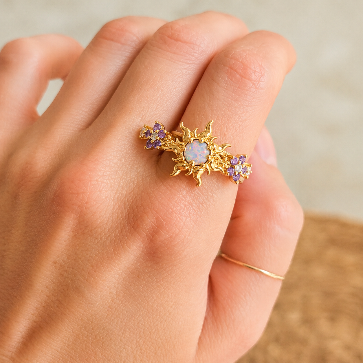 Adjustable Enchanted Sun Ring with Iridescent Stone