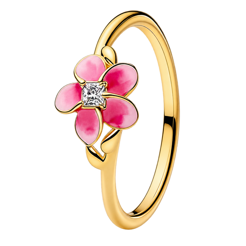 Ocean Blossom Pink Flower Ring with Crystal Center